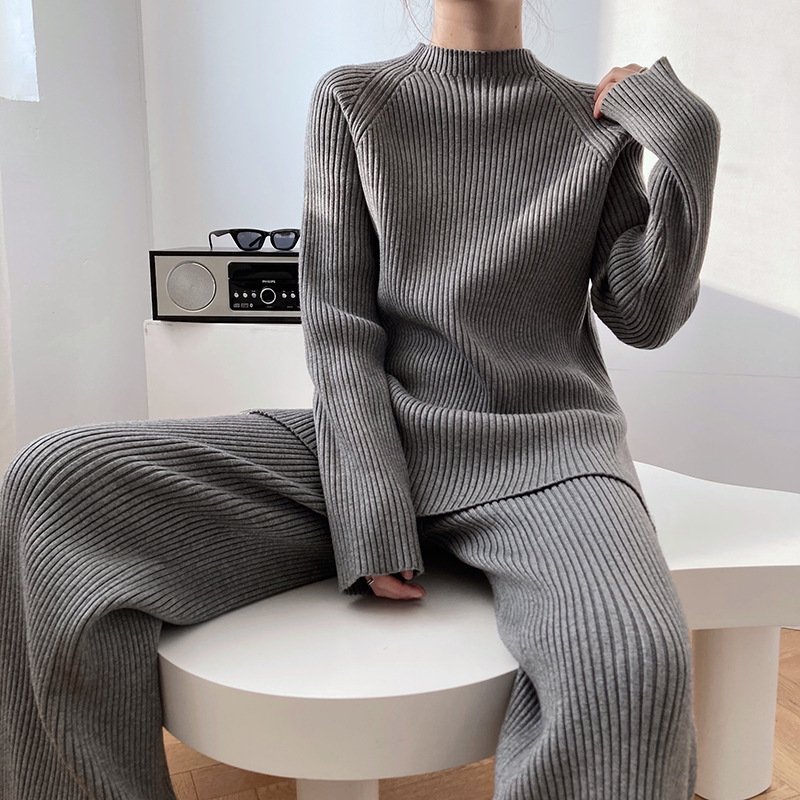 High quality cashmere cozy knit wide leg pants set knit ribbed sweater set 2 piece wool kitted set for women
