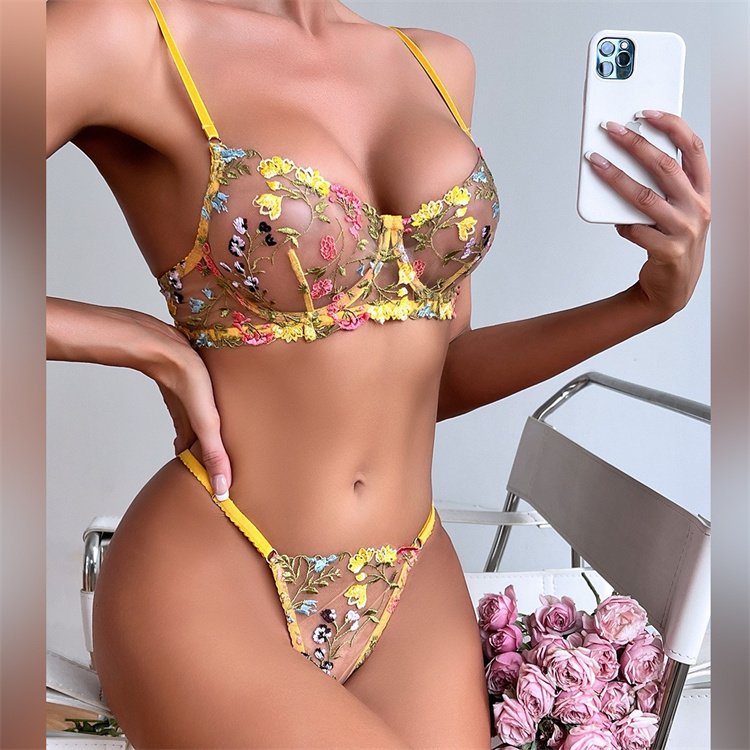 European and American style lingerie sexy perspective yellow countryside floral bra thong hot two-piece set