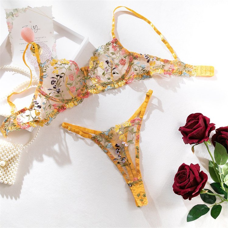 European and American style lingerie sexy perspective yellow countryside floral bra thong hot two-piece set