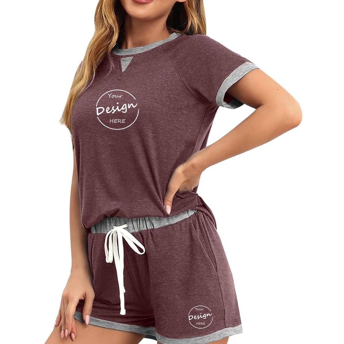 Custom Women Clothes Set Lightness 180GSM 100% Combed Cotton Color Block Patchwork Round Neck And Shorts Women's Sets
