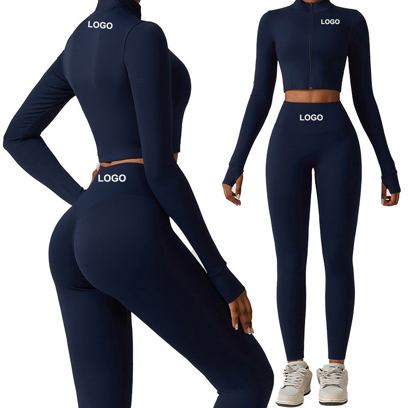 TZ8347 3PCS Women's Workout Top & Bottom Sets ong Sleeve Crop Top with Zipper and legging Sweatsuits 3pcs Workout Sets for Women