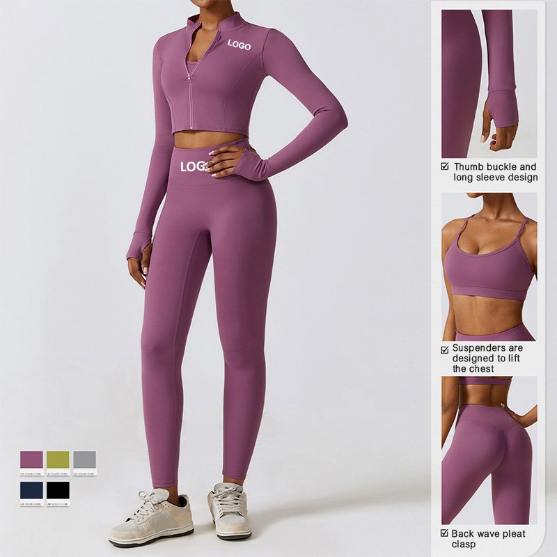 TZ8347 3PCS Women's Workout Top & Bottom Sets ong Sleeve Crop Top with Zipper and legging Sweatsuits 3pcs Workout Sets for Women