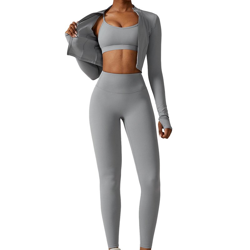 TZ8347 3PCS Women's Workout Top & Bottom Sets ong Sleeve Crop Top with Zipper and legging Sweatsuits 3pcs Workout Sets for Women
