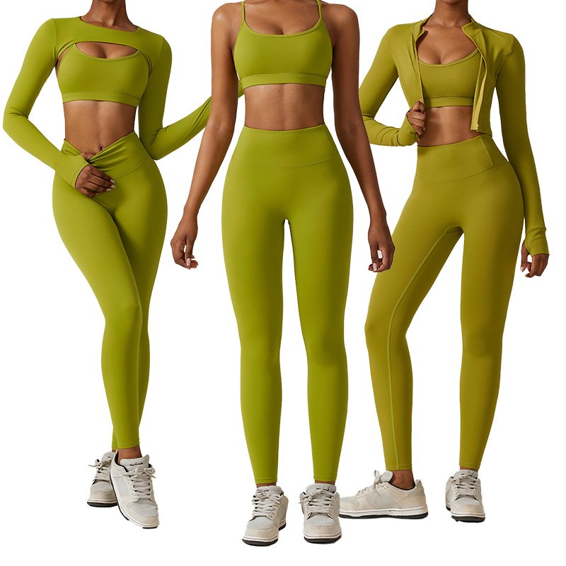 TZ8347 3PCS Women's Workout Top & Bottom Sets ong Sleeve Crop Top with Zipper and legging Sweatsuits 3pcs Workout Sets for Women