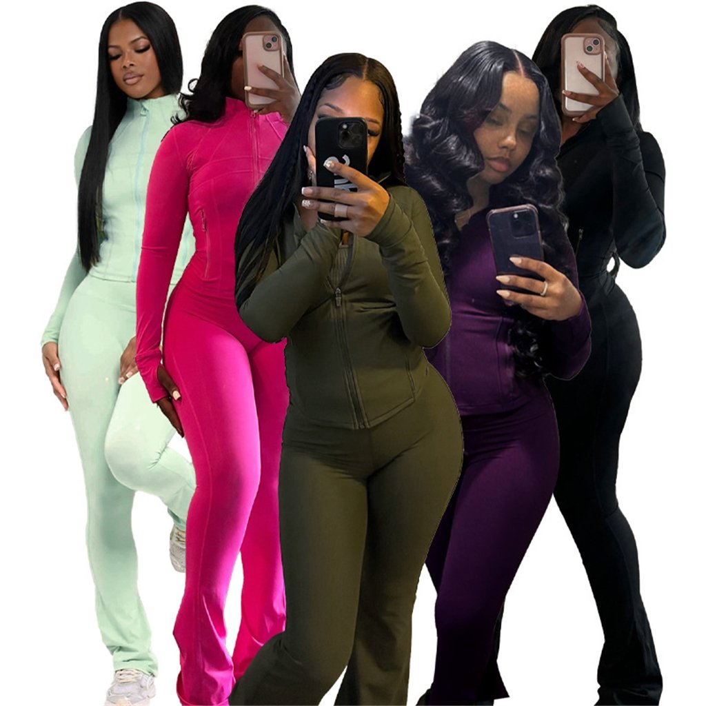 ZHEZHE New Arrivals Autumn Tracksuit Flare Leggings Gym Wear Sports Jacket 2 Pieces Pants Sets Fitness Women's sweatsuits