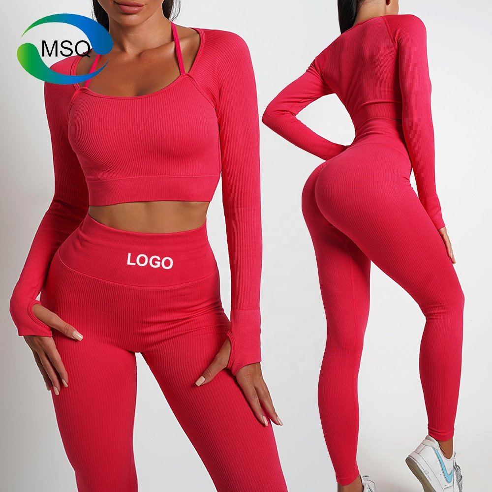 Custom Ribbed gym clothes Ropa Deportiva Fitness Yoga Sets Activewear set Long Sleeve Fitness Women Workout Set for women