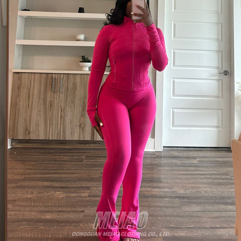 Custom Y2K High Quality Zip Up Crop Top And Flare Pants Legging Sports Wear Skinny Gym Tracksuits Two Piece Set Women Clothing