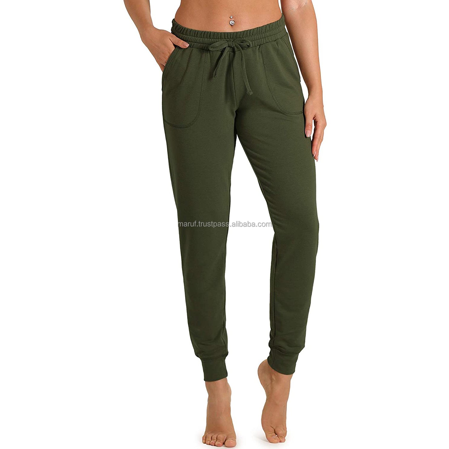 MSWJW02 Women Light Olive Green Pants with Front In Seam Pockets Fitness Joggers