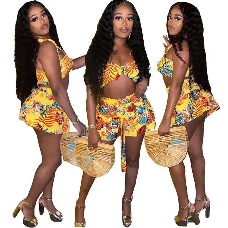 2023 new women's clothing nightclub Sexy stitching strap printed two piece suit set for women
