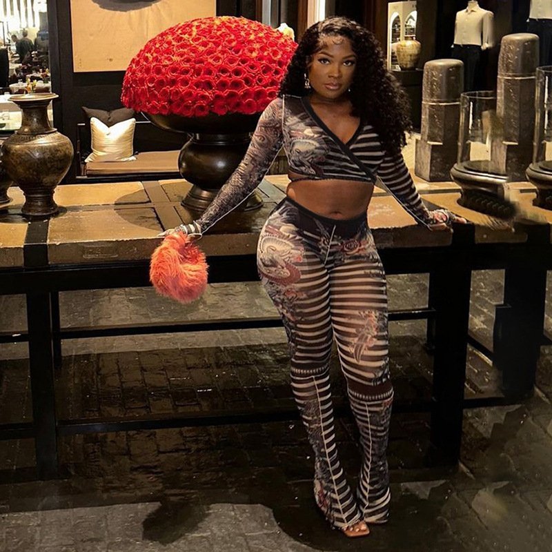 2024 Fall New Fashion Women Slim V-Neck Long Sleeve Crop Top and High Waist Pants Sets Sexy Print 2 Two Piece Set Outfits