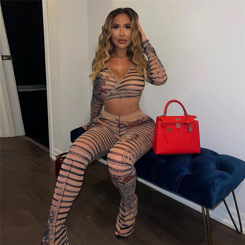 2024 Fall New Fashion Women Slim V-Neck Long Sleeve Crop Top and High Waist Pants Sets Sexy Print 2 Two Piece Set Outfits