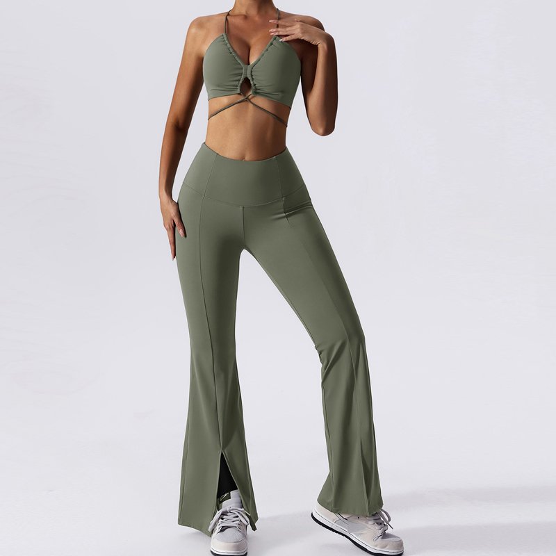 Custom Logo Women's Sets Yoga Fitness Wear Compression Sexy Sports Flare Pants Cross Back Bra Apparel Suits