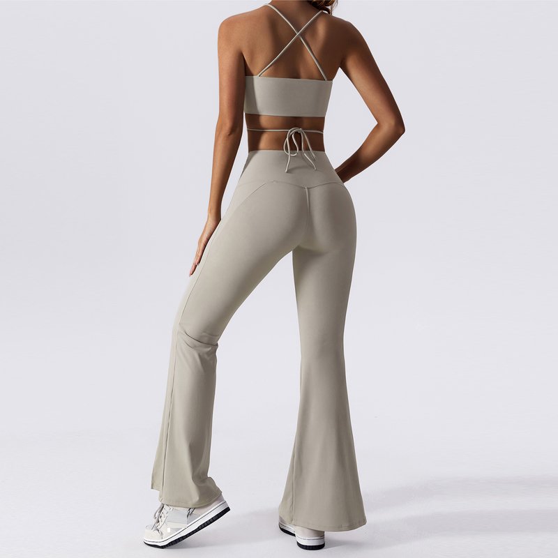 Custom Logo Women's Sets Yoga Fitness Wear Compression Sexy Sports Flare Pants Cross Back Bra Apparel Suits