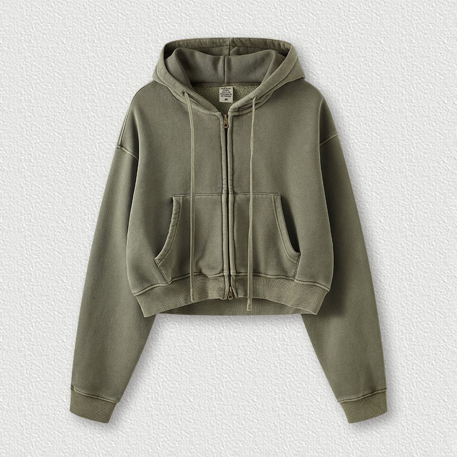 Washed Vintage Padded Short Top Women Y2K Zipper Hooded Sweatshirt Jacket Full Zip up Hoodies