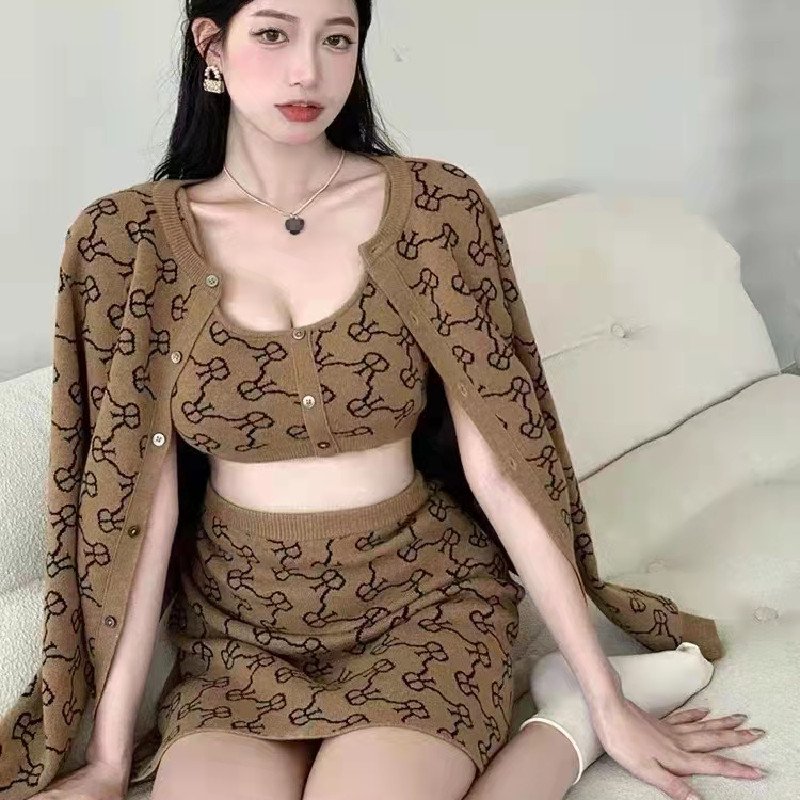 Cardigan 3 Piece Skirt Set Long Sleeve Sweater Short Sexy Knit Top And Women Skirt Set