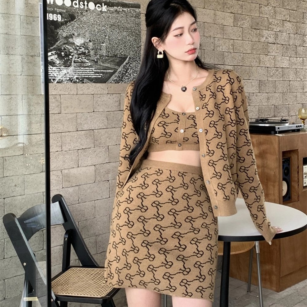 Cardigan 3 Piece Skirt Set Long Sleeve Sweater Short Sexy Knit Top And Women Skirt Set