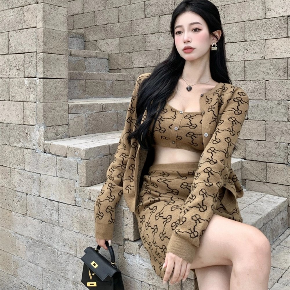 Cardigan 3 Piece Skirt Set Long Sleeve Sweater Short Sexy Knit Top And Women Skirt Set