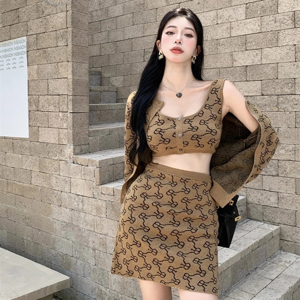 Cardigan 3 Piece Skirt Set Long Sleeve Sweater Short Sexy Knit Top And Women Skirt Set
