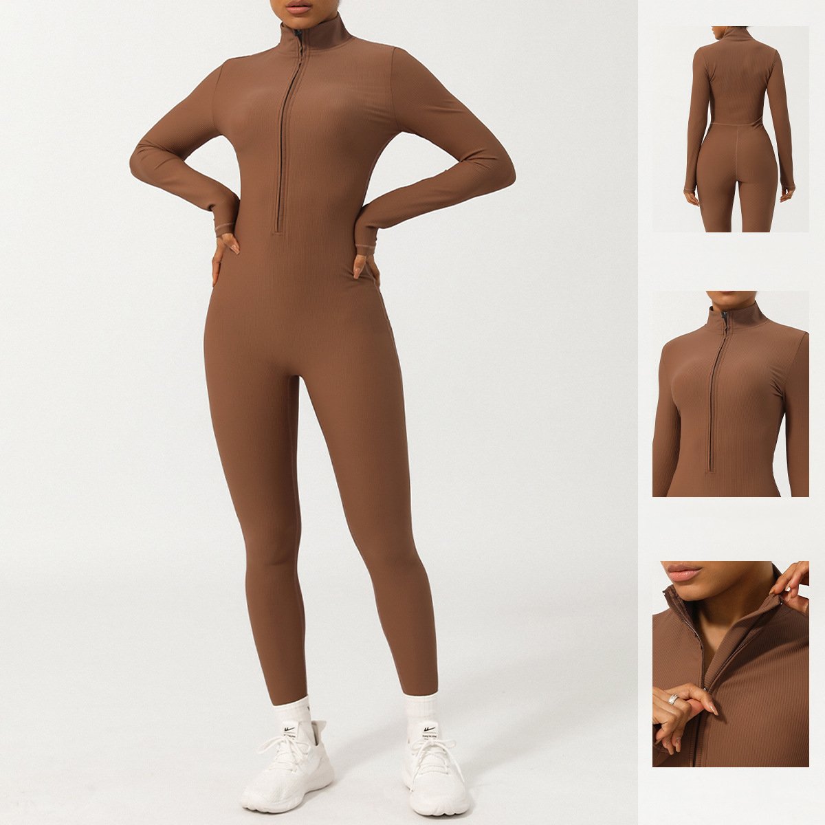 Women's One Piece Zipper Ribbed Jumpsuits Long Sleeves Workout Corset Yoga Gym Wear Clothes Overall Jumpsuit Fitness Bodysuit