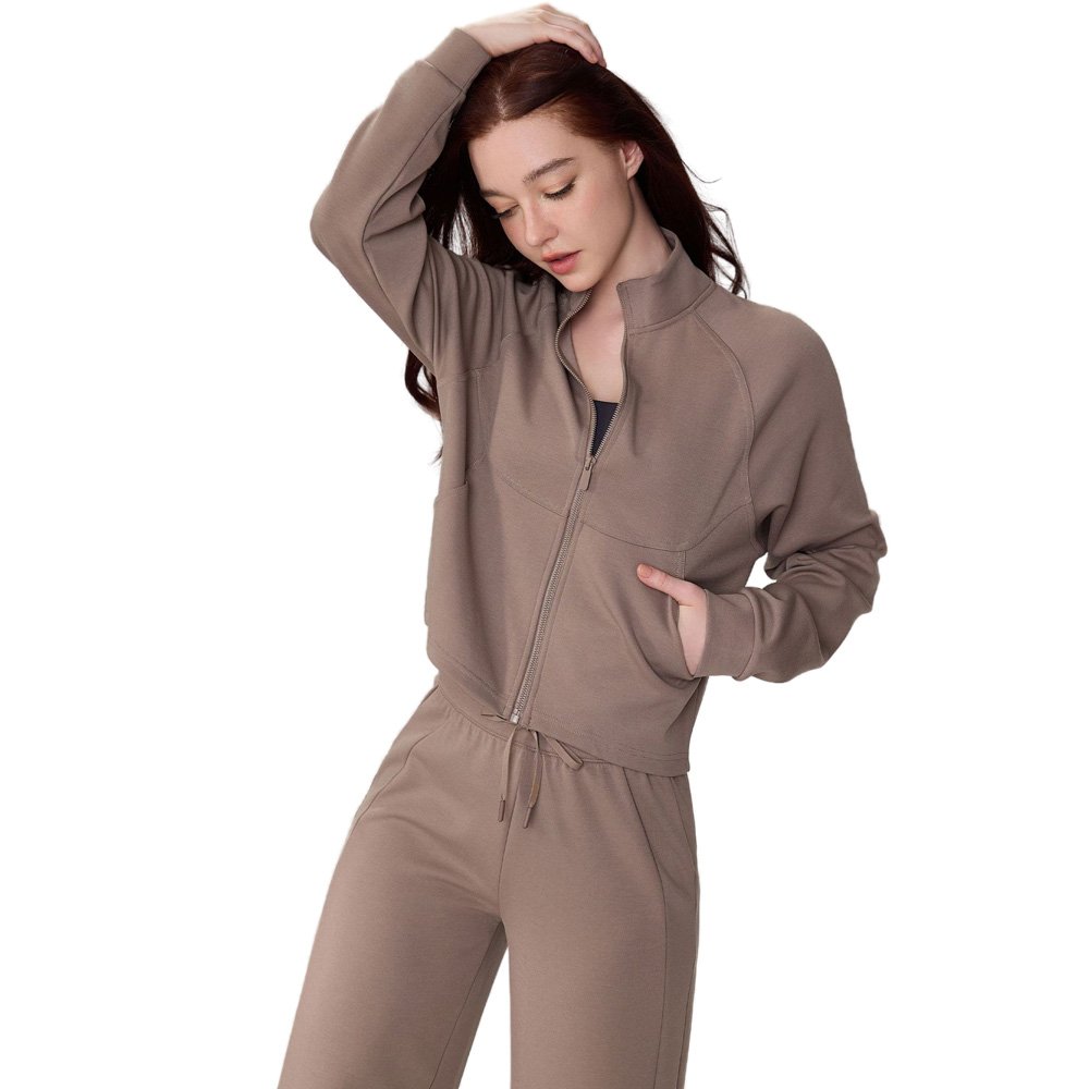 Autumn winter Standing collar sports jacket pockets Slim thin yoga top zipper cardigan fitness clothing women's sets activewear