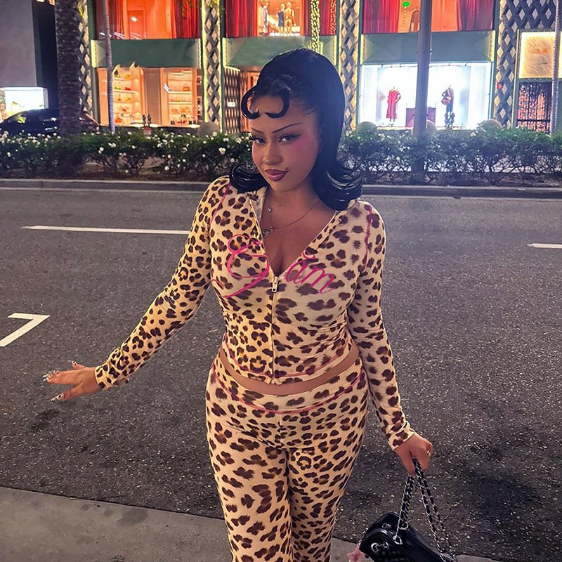 New Fashion Women's Two Piece Long Pant Set Leopard Printed Zipper Hoodie Slim Pants Streetwear Casual Set For Women