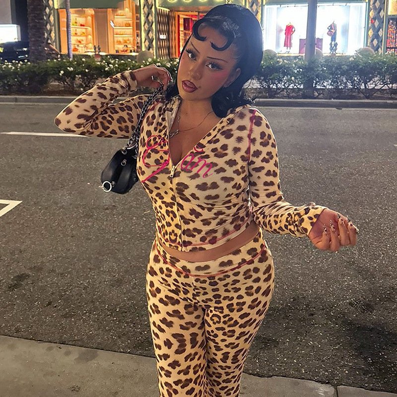 New Fashion Women's Two Piece Long Pant Set Leopard Printed Zipper Hoodie Slim Pants Streetwear Casual Set For Women