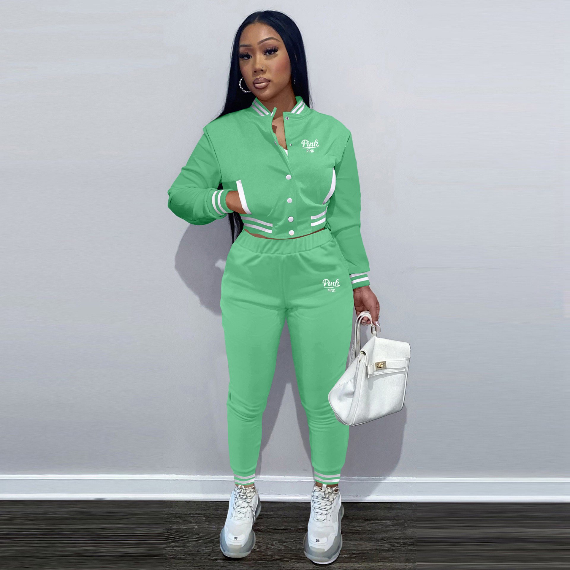 Fashion Pink Outfits Plus Size Jackets Jogging Pants Baseball Uniform 2 Piece Set Casual Women Sweatsuit Track Suit