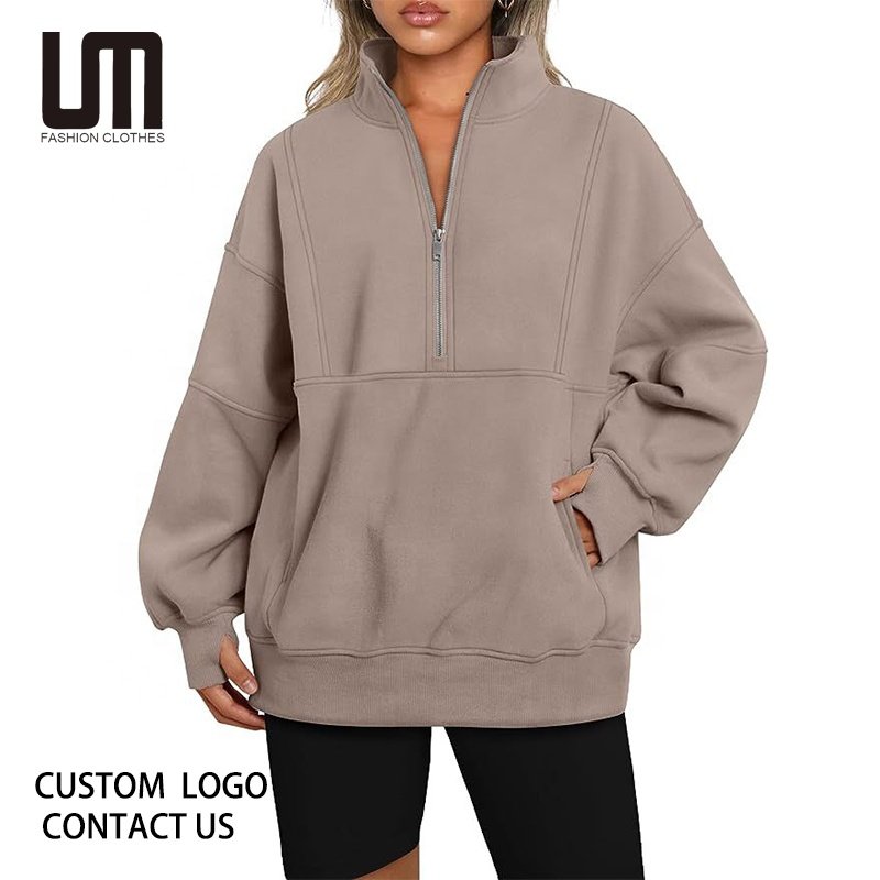 Liu Ming Cheap Hot Selling 2024 Streetwear Women Casual Half Zip Stand Collar Loose Pocket Sweatshirt