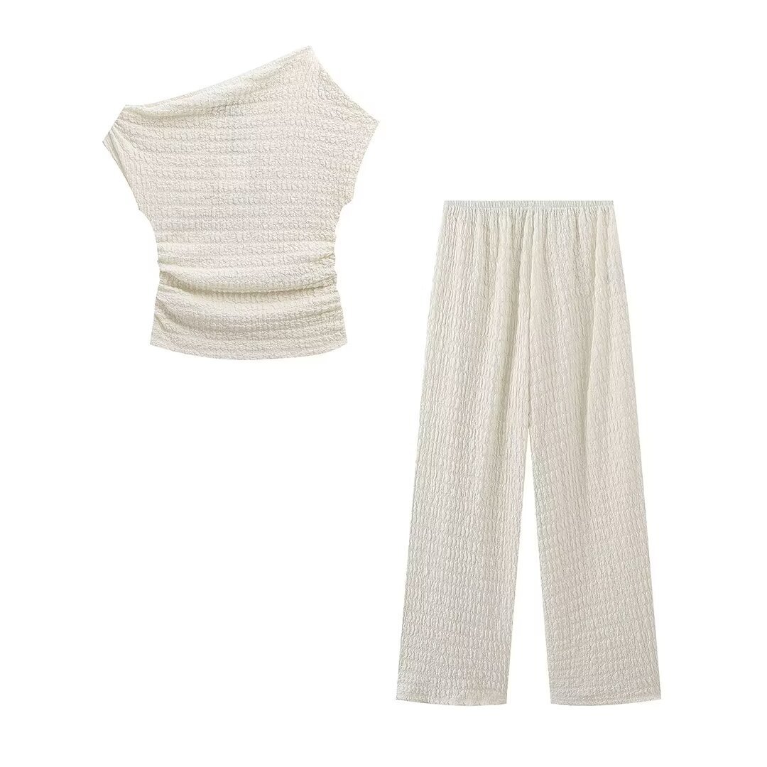 GX3227 Summer 2024 women's clothing boutique street wear casual solid unique cropped top and wide leg pant 2 piece set