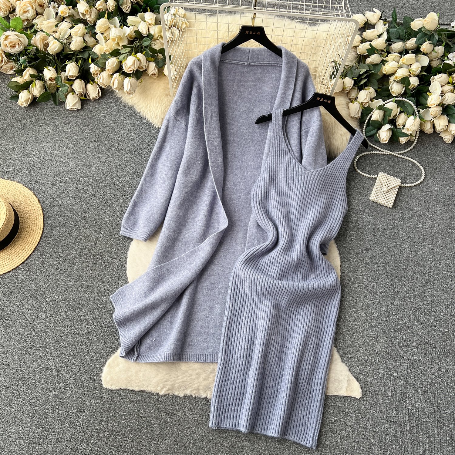 2023 Winter Sweater Two-Piece Women'S Knitted Cardigan Coat Mid-Length Robe & Sundress Dress Gentle Business Party Knitted Set