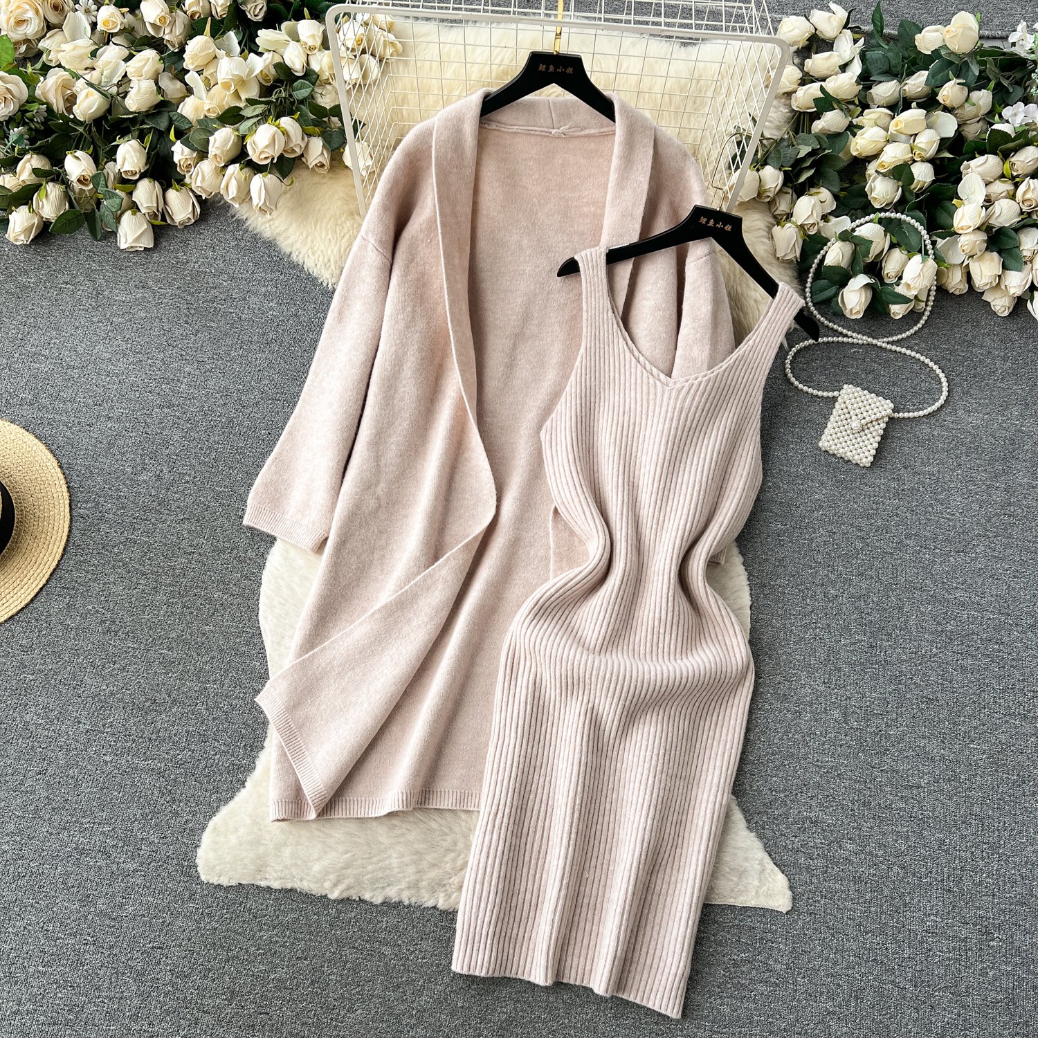 2023 Winter Sweater Two-Piece Women'S Knitted Cardigan Coat Mid-Length Robe & Sundress Dress Gentle Business Party Knitted Set