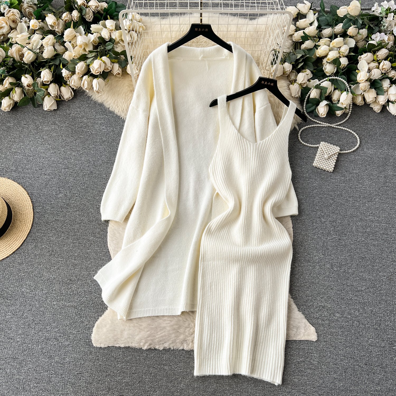 2023 Winter Sweater Two-Piece Women'S Knitted Cardigan Coat Mid-Length Robe & Sundress Dress Gentle Business Party Knitted Set