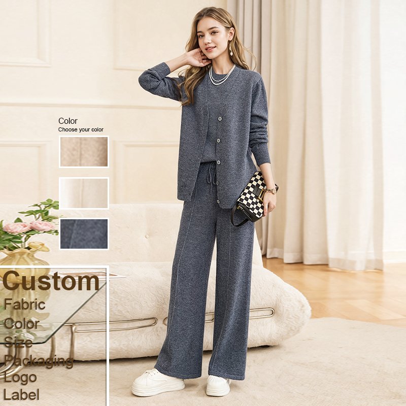 Custom Women's Clothing Winter Sets Autumn and Spring Elegant New Knitting Crew Neck Long Sleeved Shirt Trousers Two Piece Set