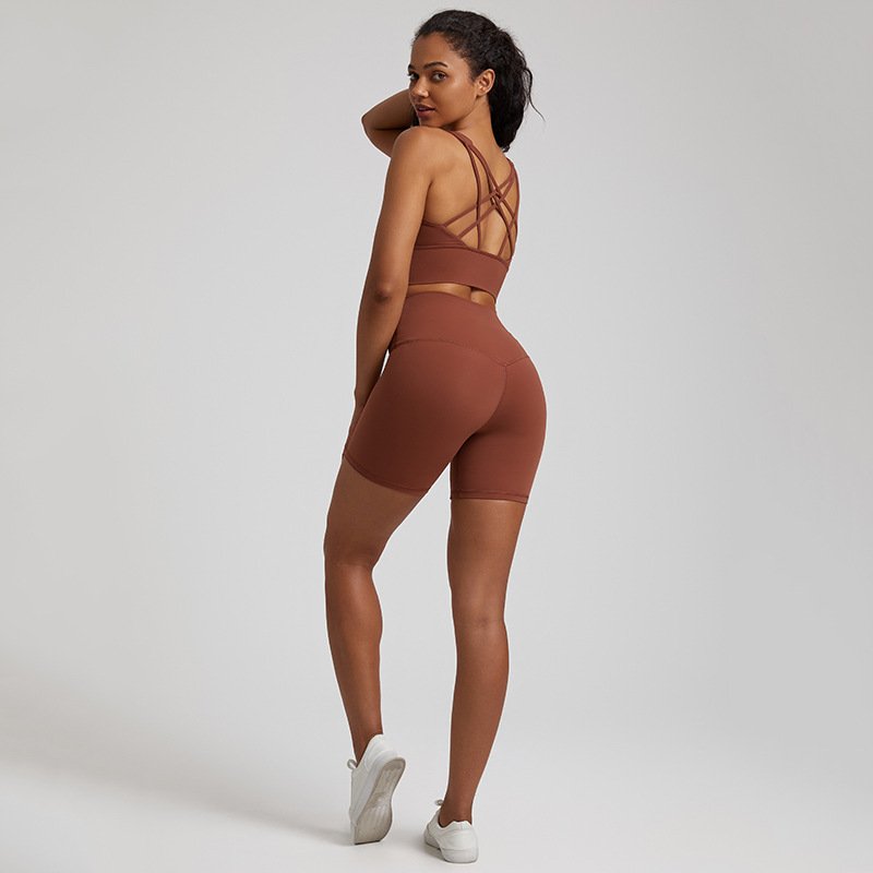 Customize Logo Summer Sexy Slim Soft Straps Bra High Waist Crotchless V Back Shorts Yoga Sets Fitness Gym Sportswear For Women