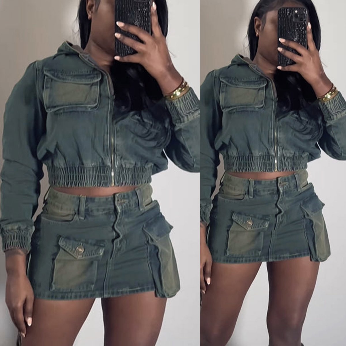 Fashion Women's Outfits Denim Hooded Crop Jacket Big Pocket Mini Skirt Matching 2 Piece Female Casual Two Piece Denim Sets Women