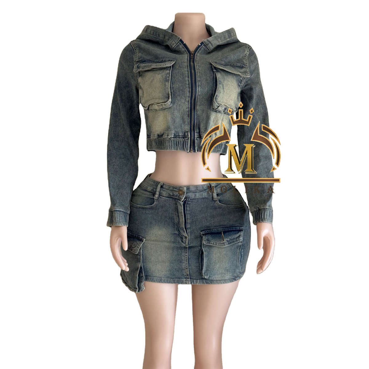 Fashion Women's Outfits Denim Hooded Crop Jacket Big Pocket Mini Skirt Matching 2 Piece Female Casual Two Piece Denim Sets Women
