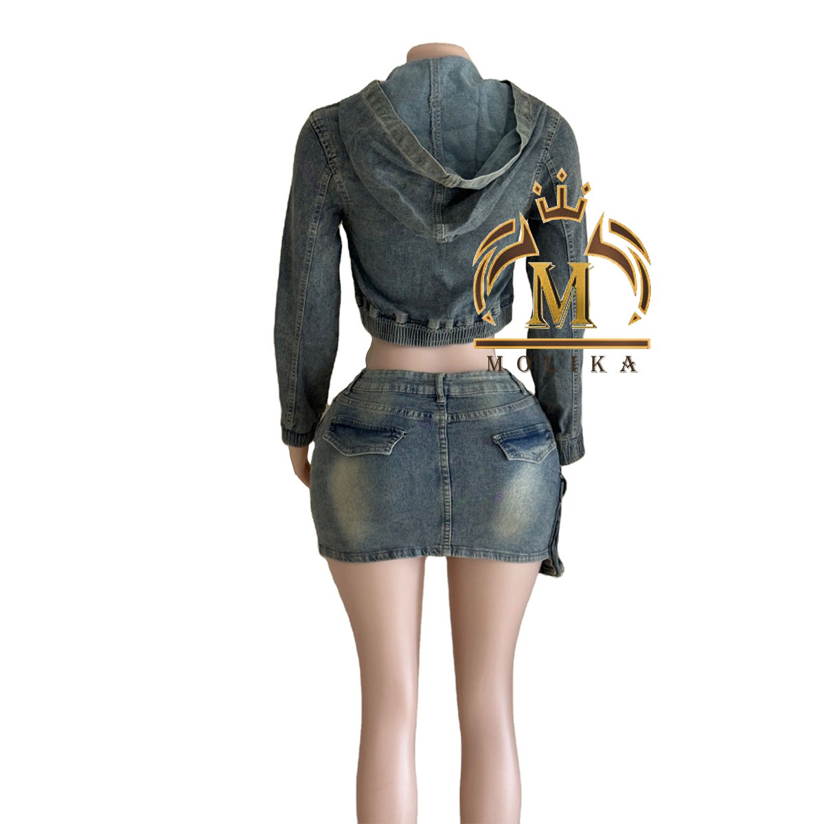 Fashion Women's Outfits Denim Hooded Crop Jacket Big Pocket Mini Skirt Matching 2 Piece Female Casual Two Piece Denim Sets Women