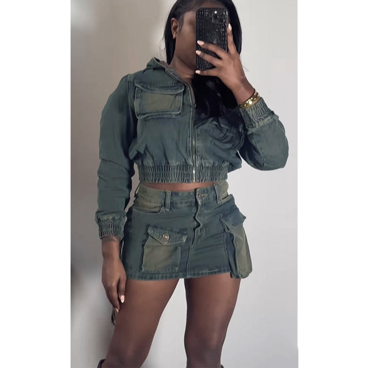 Fashion Women's Outfits Denim Hooded Crop Jacket Big Pocket Mini Skirt Matching 2 Piece Female Casual Two Piece Denim Sets Women