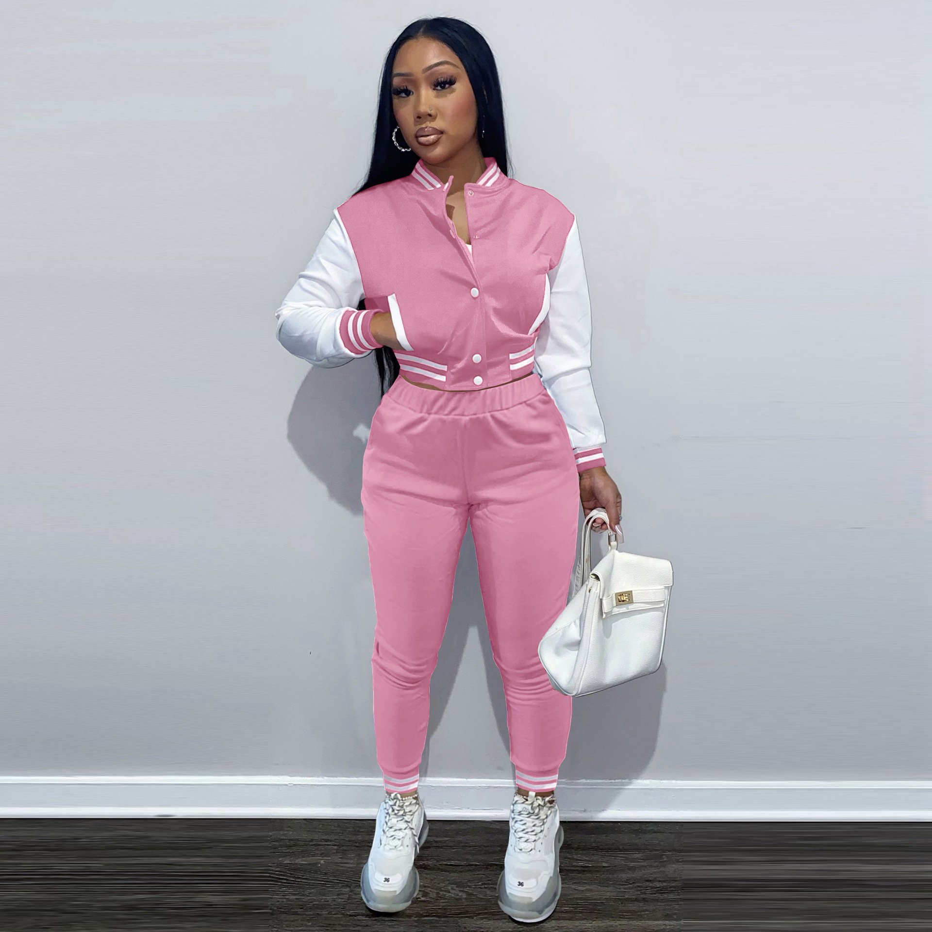 Brand Logo Patchwork Baseball Jacket Top Skinny Pants Jogging Suits Two Piece Set Women Casual Sport Sweat Suits Tracksuit