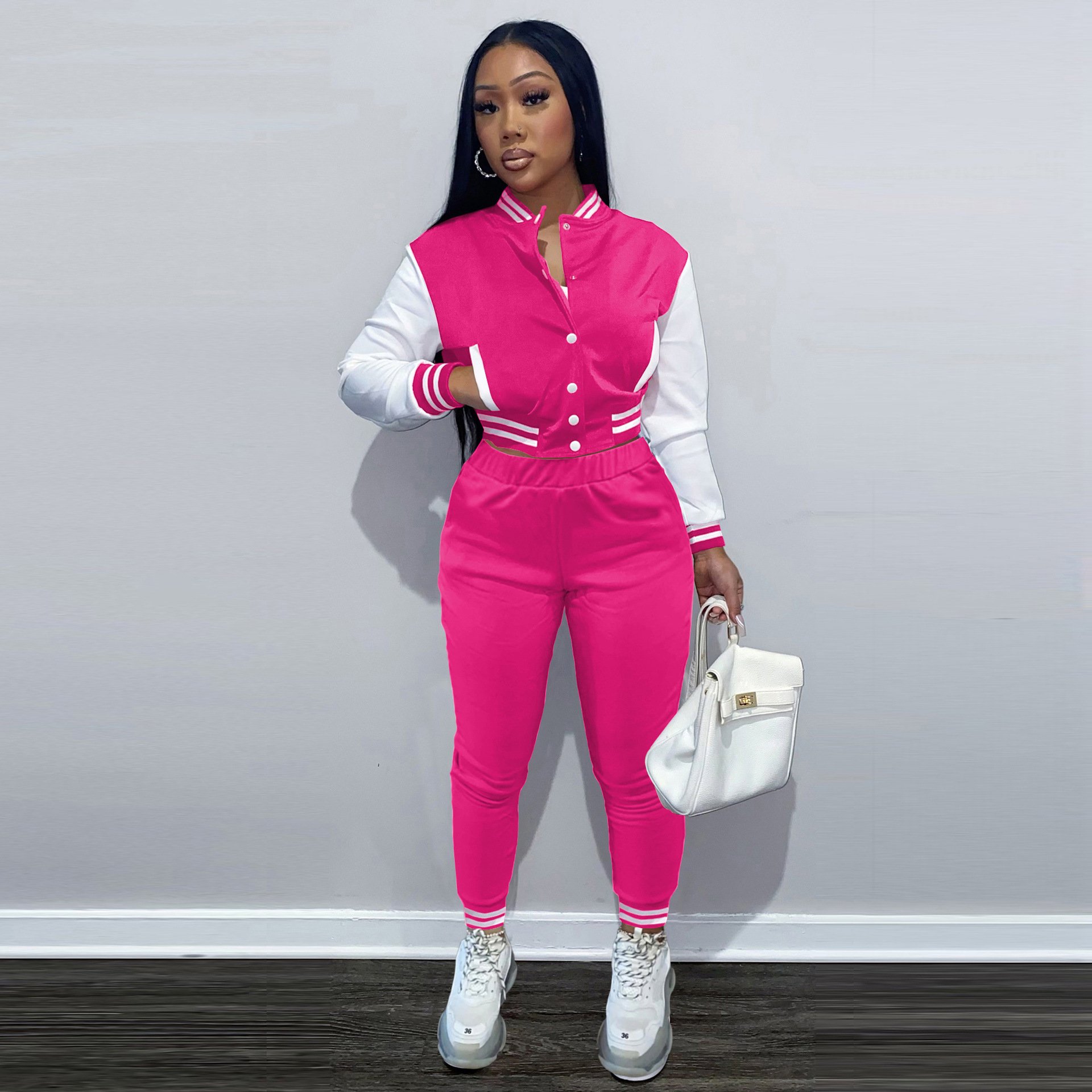 Brand Logo Patchwork Baseball Jacket Top Skinny Pants Jogging Suits Two Piece Set Women Casual Sport Sweat Suits Tracksuit