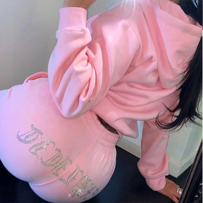 Diamond Rhinestones Letter Women's Set 2 Piece Tracksuit Velvet Crop Jacket Tracksuit Joggers Female