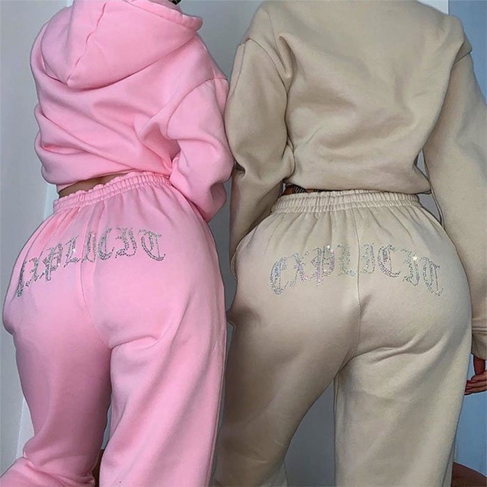 Diamond Rhinestones Letter Women's Set 2 Piece Tracksuit Velvet Crop Jacket Tracksuit Joggers Female