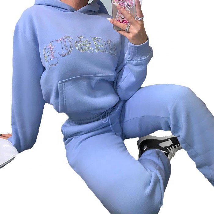 Diamond Rhinestones Letter Women's Set 2 Piece Tracksuit Velvet Crop Jacket Tracksuit Joggers Female