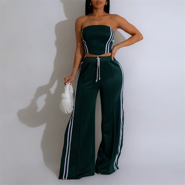 Trendy strapless vest Top wide leg pants fashion women's sets Casual sport 2 piece set new arrival women clothing
