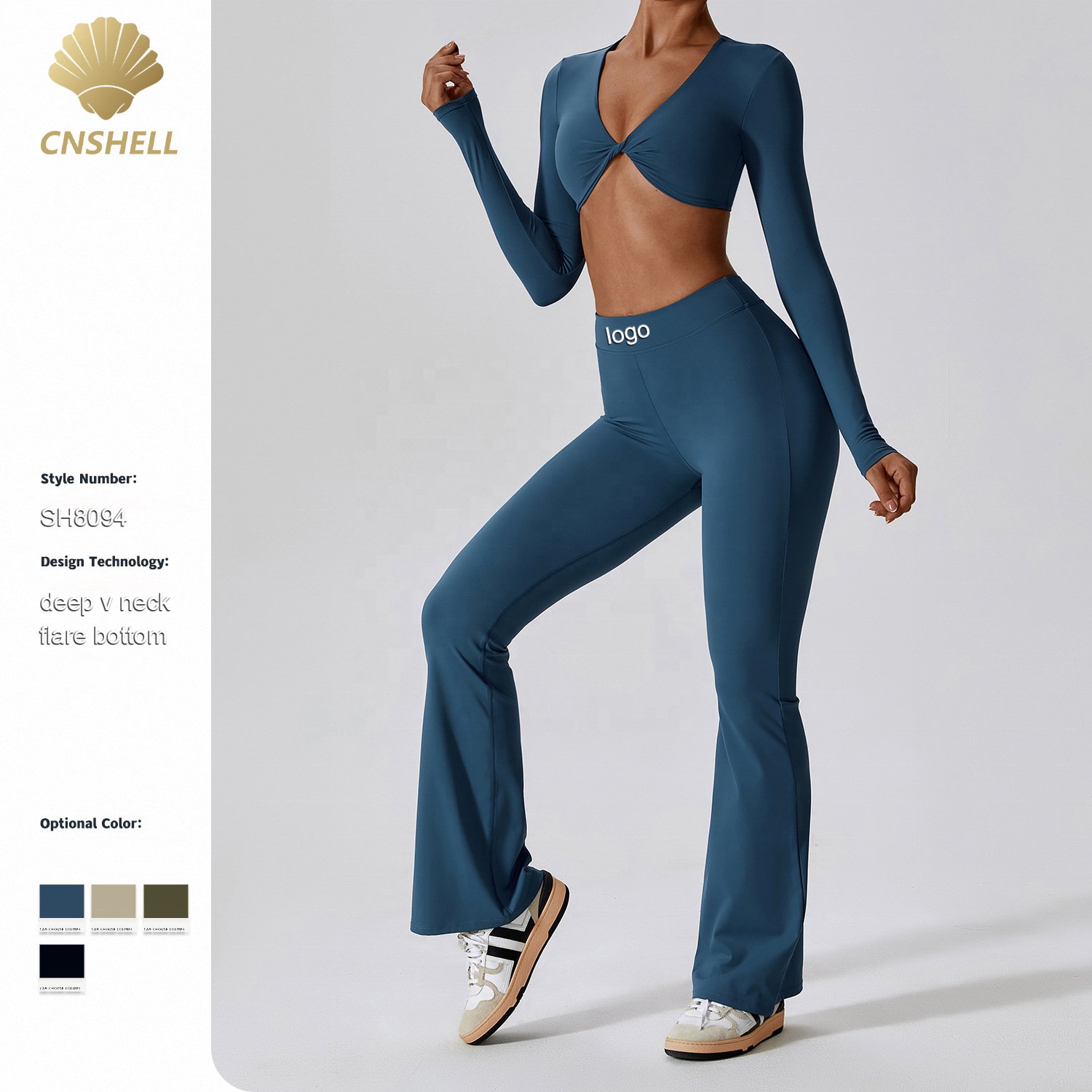 Luluxixiyaya Deep V Neck Front Twist Crop Top High Waist GYM Fitness Flared Legging Two Piece Set Women Clothing Women Sets