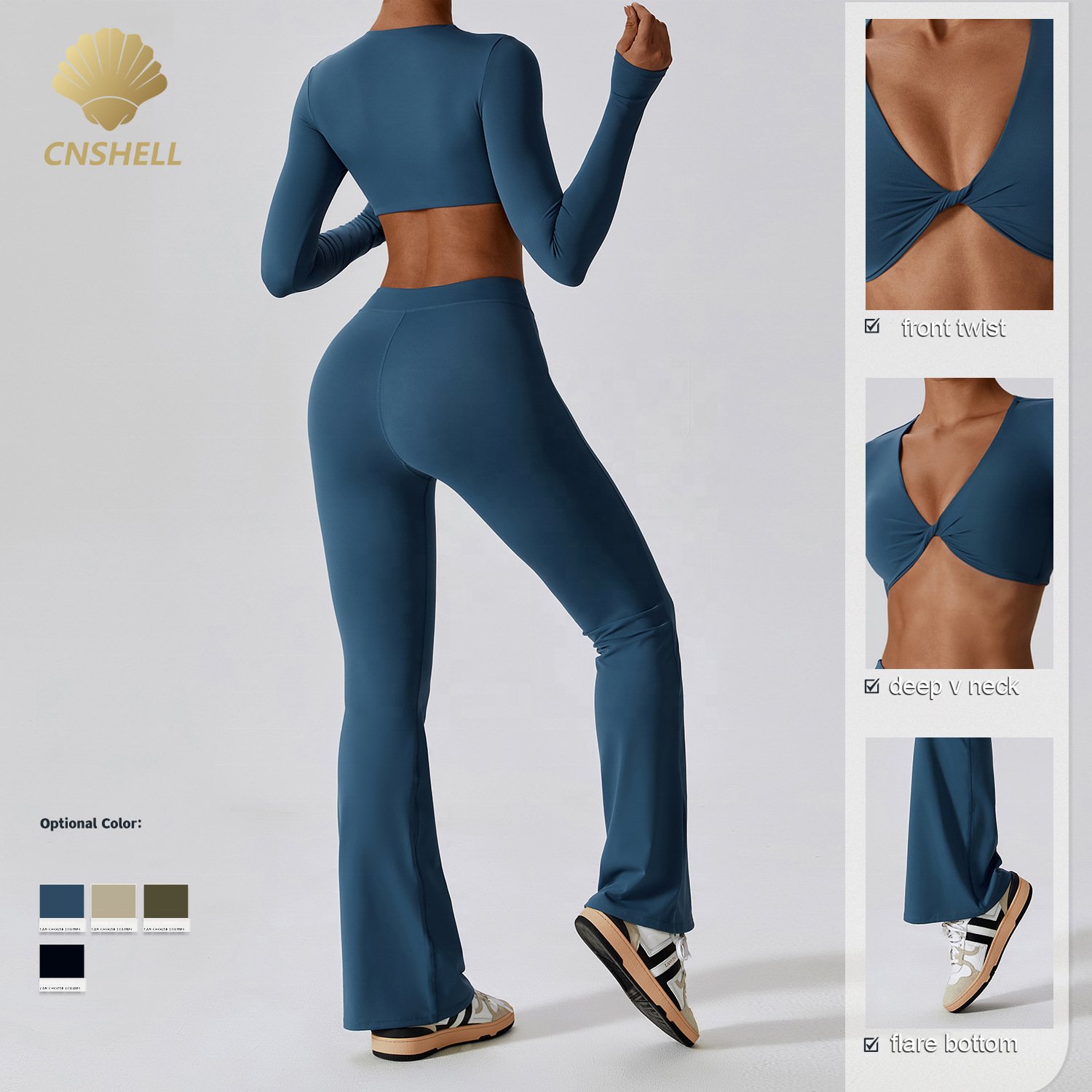 Luluxixiyaya Deep V Neck Front Twist Crop Top High Waist GYM Fitness Flared Legging Two Piece Set Women Clothing Women Sets