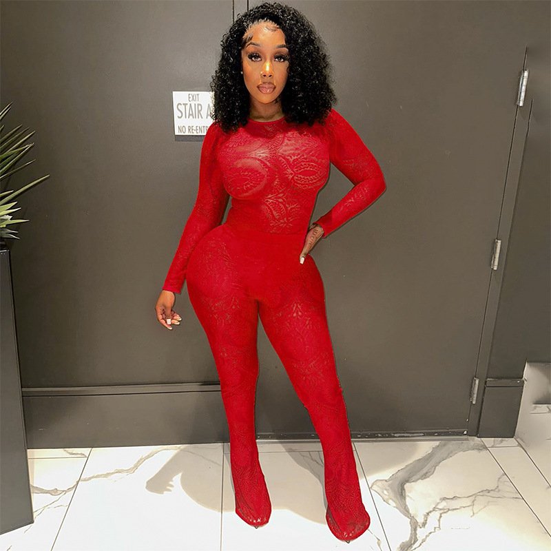 Peeqi K23ST370 red lace print mesh see through lace up long sleeve bodysuit and pants 2 piece set solid bodycon sexy women's set