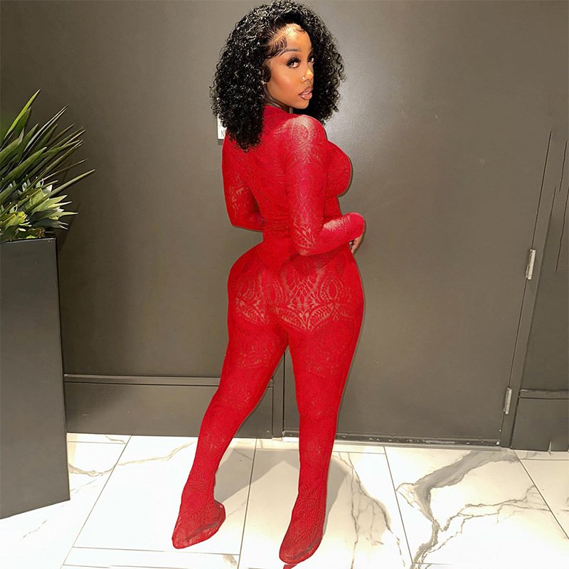 Peeqi K23ST370 red lace print mesh see through lace up long sleeve bodysuit and pants 2 piece set solid bodycon sexy women's set