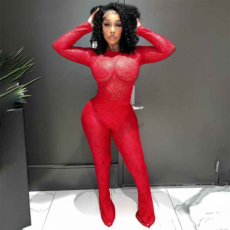 Peeqi K23ST370 red lace print mesh see through lace up long sleeve bodysuit and pants 2 piece set solid bodycon sexy women's set
