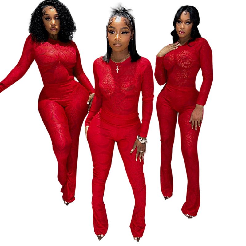 Peeqi K23ST370 red lace print mesh see through lace up long sleeve bodysuit and pants 2 piece set solid bodycon sexy women's set